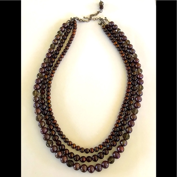 Artisan 3 Strand Pearls Garnet Smoky Qtz Necklace